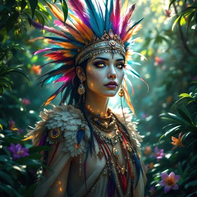 The primary subject of the image is a woman wearing a colorful headdress and jewelry. She is standing in a forest, surrounded by greenery and flowers. The visual style of the image is a combination of photo and digital art, creating a vibrant and lively atmosphere. The colors and mood of the image are predominantly warm and natural, with the woman's headdress and jewelry adding a touch of brightness and uniqueness to the scene.